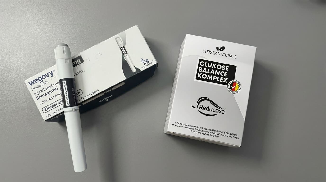 Wegovy Injektionspen neben Glukose Balance Komplex Packung